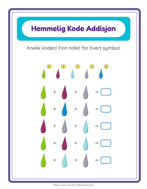 Forhåndsvisning av Kodeaddisjon-arbeidsark med Farger for Barnehage (5-7 år)