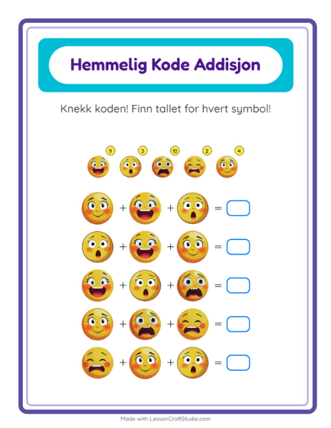 Forhåndsvisning av Kodeaddisjon-arbeidsark med Følelser for Barnehage (5-7 år)