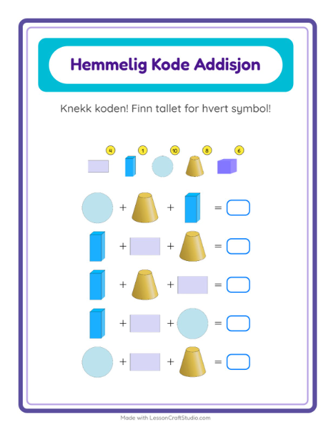 Forhåndsvisning av Kodeaddisjon-arbeidsark med Former for Barnehage (5-7 år)
