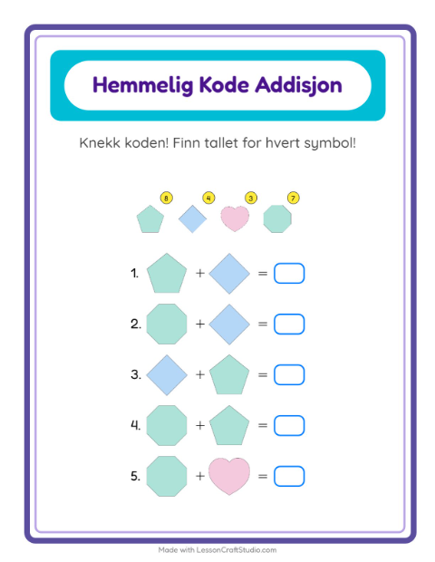Forhåndsvisning av Kodeaddisjon-arbeidsark med Former for Barnehage (5-7 år)