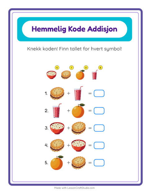 Forhåndsvisning av Kodeaddisjon-arbeidsark med Frokost for Barnehage (5-7 år)