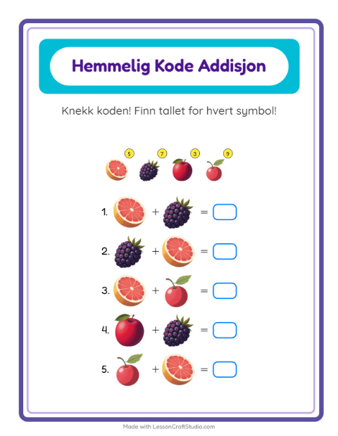 Forhåndsvisning av Kodeaddisjon-arbeidsark med Frukter for Barnehage (5-7 år)