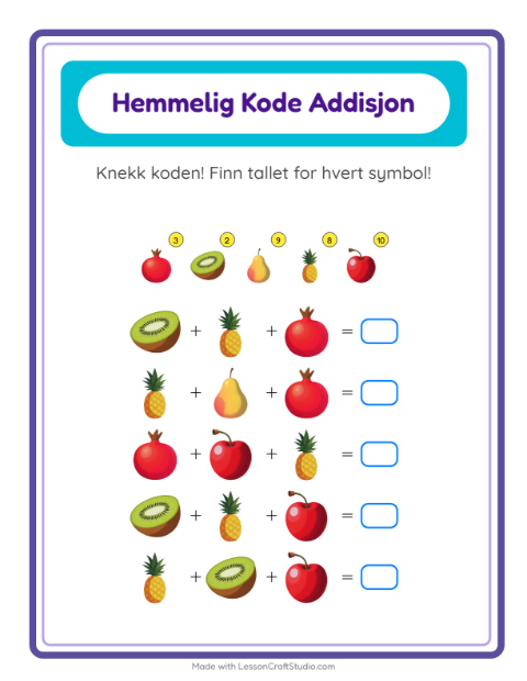 Forhåndsvisning av Kodeaddisjon-arbeidsark med Frukter for Barnehage (5-7 år)