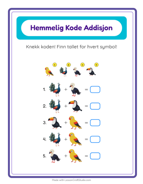 Forhåndsvisning av Kodeaddisjon-arbeidsark med Fugler for Barnehage (5-7 år)