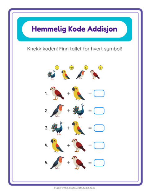 Forhåndsvisning av Kodeaddisjon-arbeidsark med Fugler 2 for Barnehage (5-7 år)