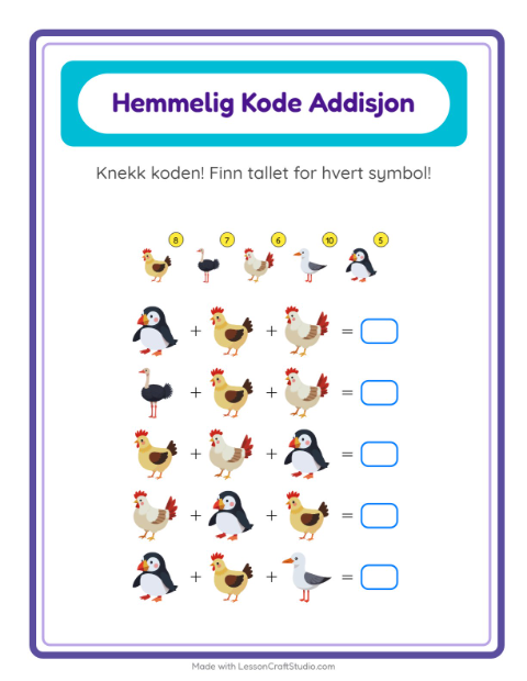 Forhåndsvisning av Kodeaddisjon-arbeidsark med Fugler 2 for Barnehage (5-7 år)