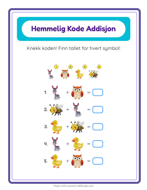 Forhåndsvisning av Kodeaddisjon-arbeidsark med Gårdsdyr for Barnehage (5-7 år)