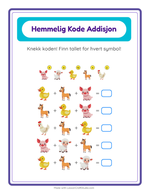 Forhåndsvisning av Kodeaddisjon-arbeidsark med Gårdsdyr for Barnehage (5-7 år)