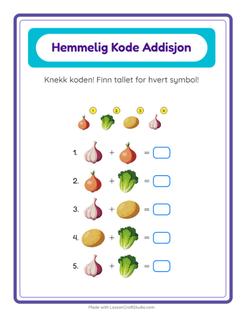 Forhåndsvisning av Kodeaddisjon-arbeidsark med Grønnsaker for Barnehage (5-7 år)