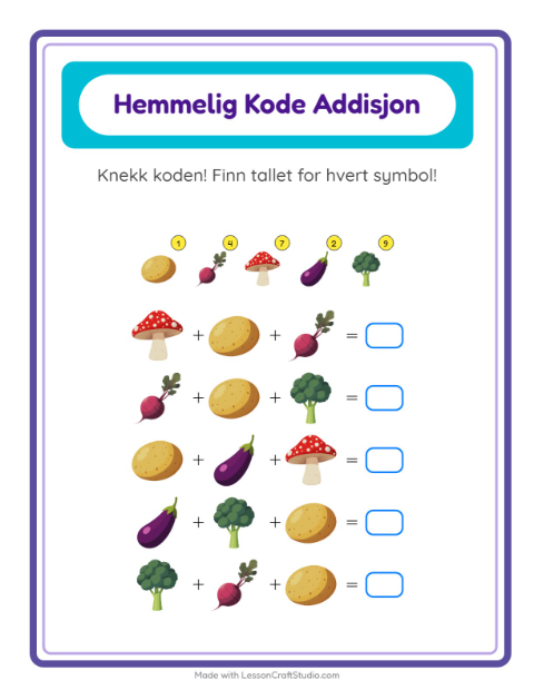 Forhåndsvisning av Kodeaddisjon-arbeidsark med Grønnsaker for Barnehage (5-7 år)