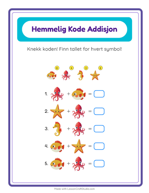 Forhåndsvisning av Kodeaddisjon-arbeidsark med Havliv for Barnehage (5-7 år)