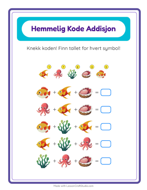 Forhåndsvisning av Kodeaddisjon-arbeidsark med Havliv for Barnehage (5-7 år)