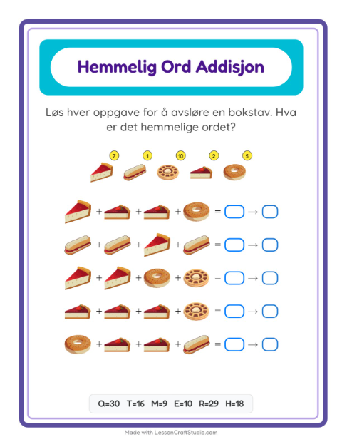 Forhåndsvisning av Kodeaddisjon-arbeidsark med Bakeri for Barnehage (5-7 år)