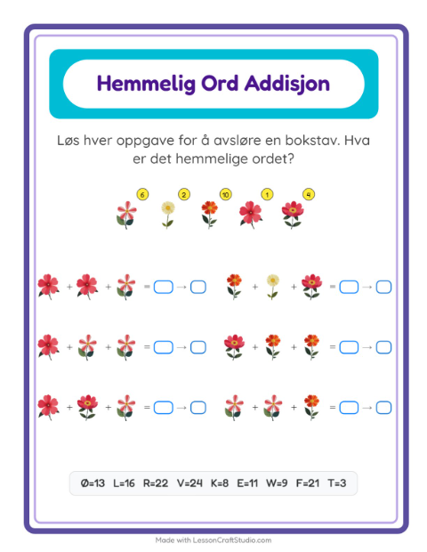 Forhåndsvisning av Kodeaddisjon-arbeidsark med Blomster for Barnehage (5-7 år)