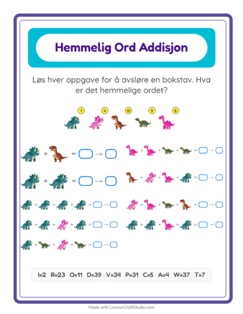 Forhåndsvisning av Kodeaddisjon-arbeidsark med Dinosaurer for Barnehage (5-7 år)