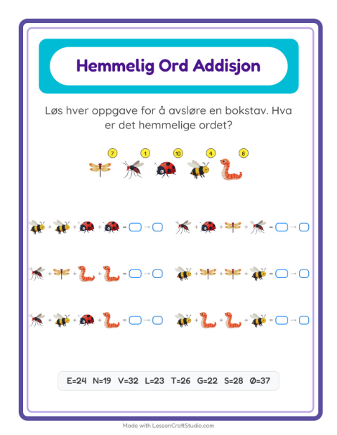 Forhåndsvisning av Kodeaddisjon-arbeidsark med Insekter og kryp for Barnehage (5-7 år)
