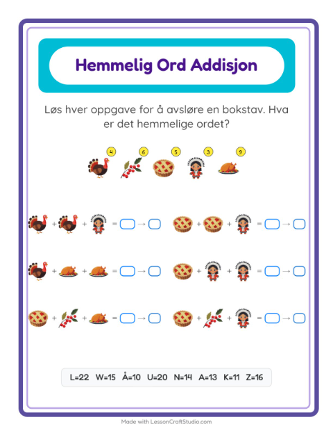 Forhåndsvisning av Kodeaddisjon-arbeidsark med Thanksgiving for Barnehage (5-7 år)