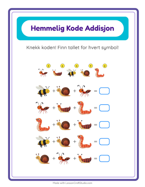 Forhåndsvisning av Kodeaddisjon-arbeidsark med Insekter og kryp for Barnehage (5-7 år)