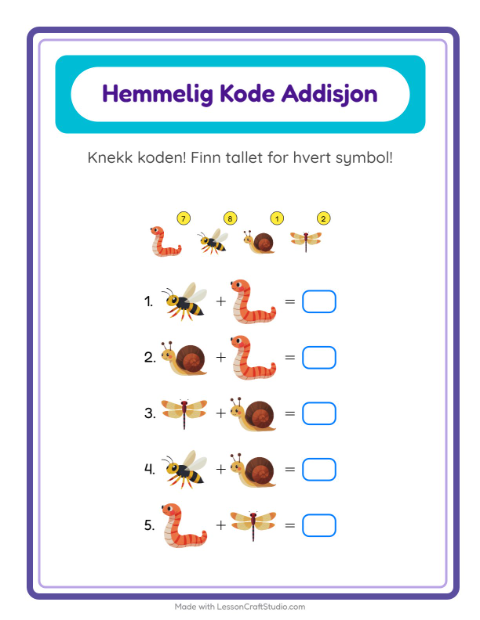 Forhåndsvisning av Kodeaddisjon-arbeidsark med Insekter og kryp for Barnehage (5-7 år)