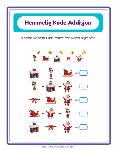 Forhåndsvisning av Kodeaddisjon-arbeidsark med Jul for Barnehage (5-7 år)