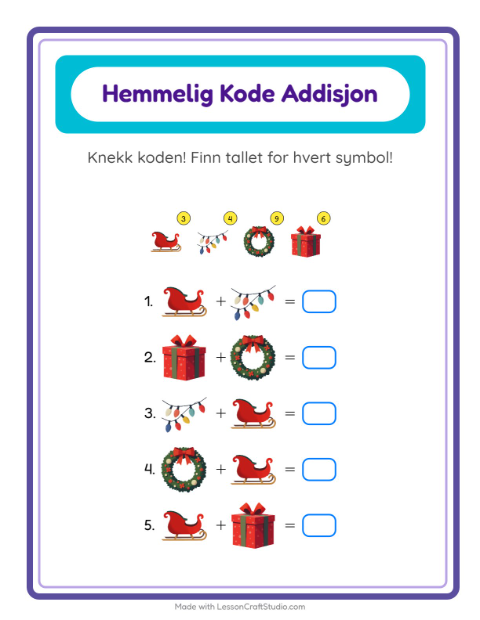 Forhåndsvisning av Kodeaddisjon-arbeidsark med Jul for Barnehage (5-7 år)