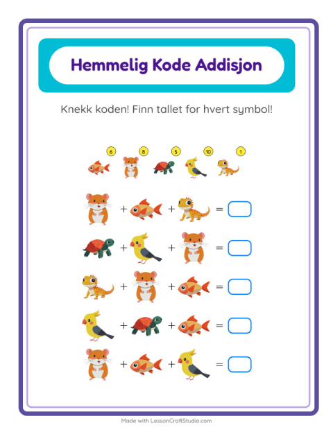 Forhåndsvisning av Kodeaddisjon-arbeidsark med Kjæledyr for Barnehage (5-7 år)