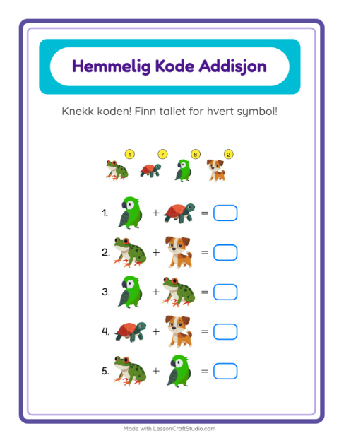 Forhåndsvisning av Kodeaddisjon-arbeidsark med Kjæledyr for Barnehage (5-7 år)