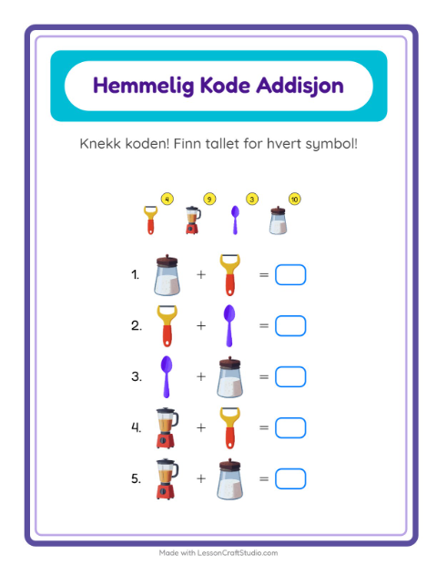 Forhåndsvisning av Kodeaddisjon-arbeidsark med Kjøkkenredskaper for Barnehage (5-7 år)
