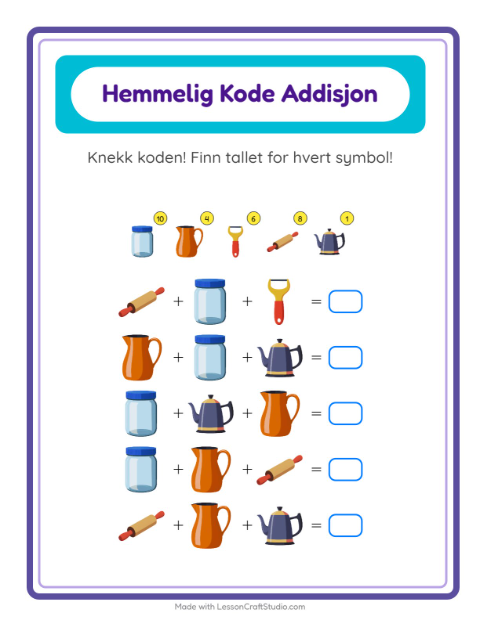 Forhåndsvisning av Kodeaddisjon-arbeidsark med Kjøkkenredskaper for Barnehage (5-7 år)