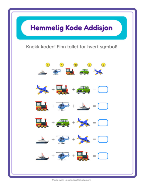 Forhåndsvisning av Kodeaddisjon-arbeidsark med Kjøretøy for Barnehage (5-7 år)
