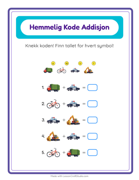 Forhåndsvisning av Kodeaddisjon-arbeidsark med Kjøretøy for Barnehage (5-7 år)