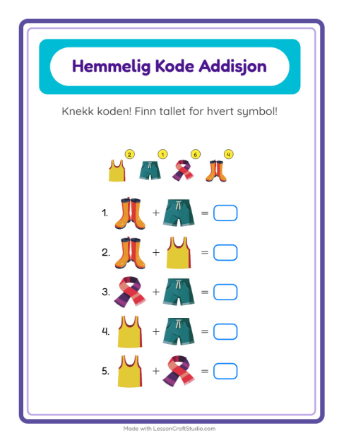 Forhåndsvisning av Kodeaddisjon-arbeidsark med Klær for Barnehage (5-7 år)