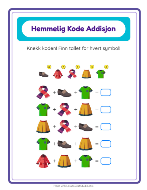 Forhåndsvisning av Kodeaddisjon-arbeidsark med Klær for Barnehage (5-7 år)