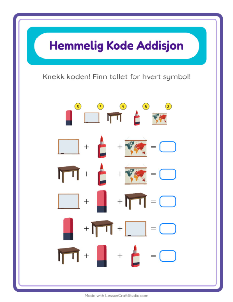 Forhåndsvisning av Kodeaddisjon-arbeidsark med Klasserom for Barnehage (5-7 år)