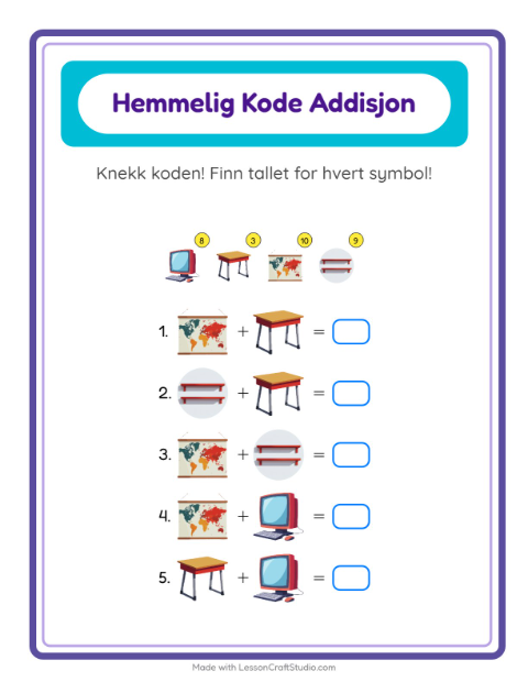 Forhåndsvisning av Kodeaddisjon-arbeidsark med Klasserom for Barnehage (5-7 år)