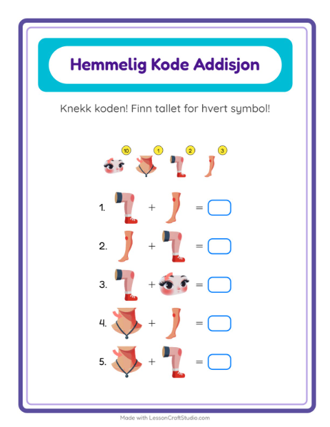 Forhåndsvisning av Kodeaddisjon-arbeidsark med Kroppsdeler for Barnehage (5-7 år)