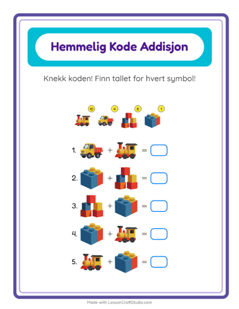 Forhåndsvisning av Kodeaddisjon-arbeidsark med Leker for Barnehage (5-7 år)