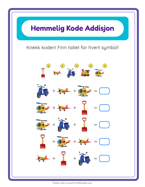 Forhåndsvisning av Kodeaddisjon-arbeidsark med Leker for Barnehage (5-7 år)