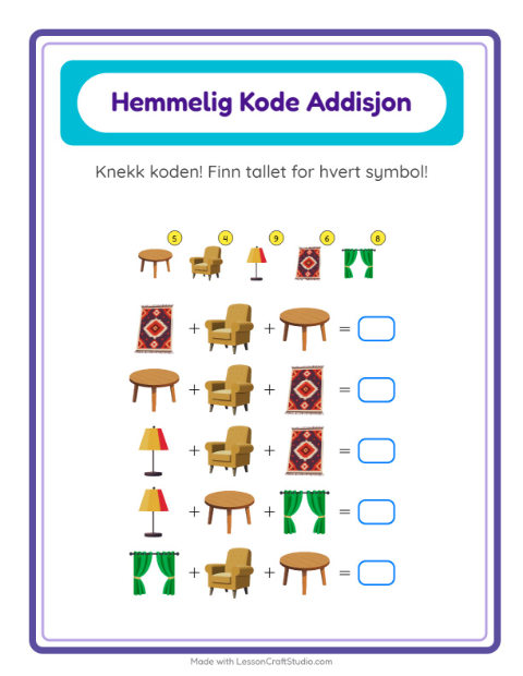 Forhåndsvisning av Kodeaddisjon-arbeidsark med Møbler for Barnehage (5-7 år)