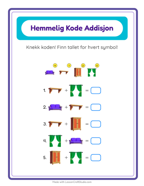 Forhåndsvisning av Kodeaddisjon-arbeidsark med Møbler for Barnehage (5-7 år)