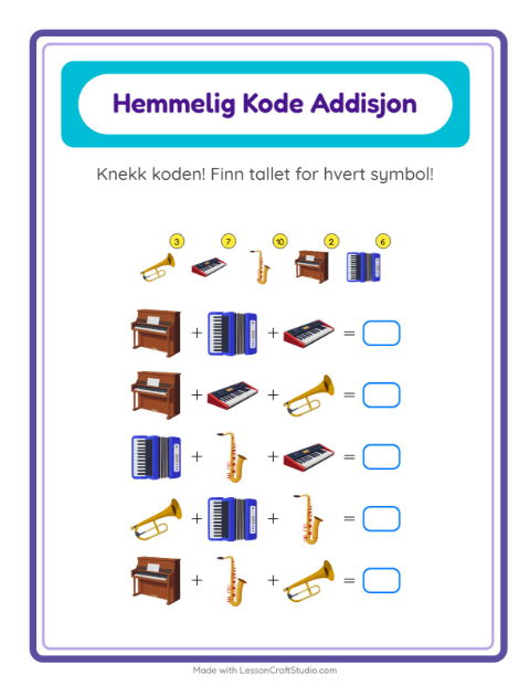 Forhåndsvisning av Kodeaddisjon-arbeidsark med Musikk for Barnehage (5-7 år)