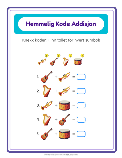 Forhåndsvisning av Kodeaddisjon-arbeidsark med Musikk for Barnehage (5-7 år)