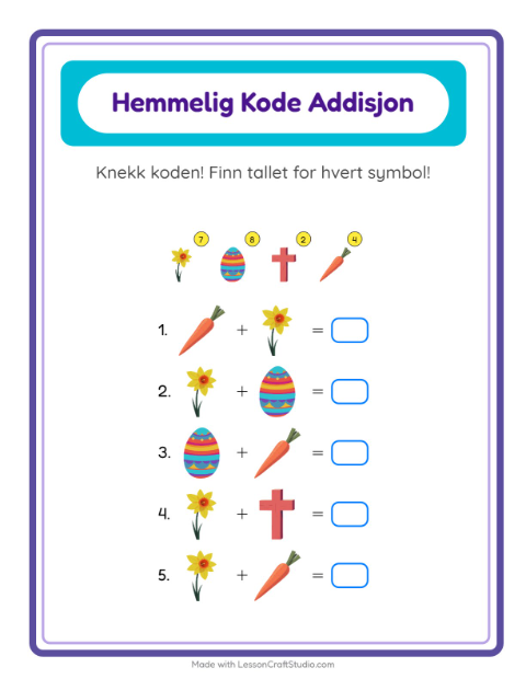 Forhåndsvisning av Kodeaddisjon-arbeidsark med Påske for Barnehage (5-7 år)