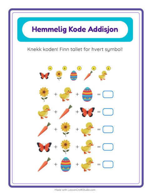 Forhåndsvisning av Kodeaddisjon-arbeidsark med Påske for Barnehage (5-7 år)