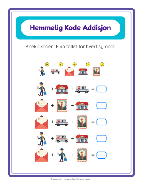 Forhåndsvisning av Kodeaddisjon-arbeidsark med Postkontor for Barnehage (5-7 år)
