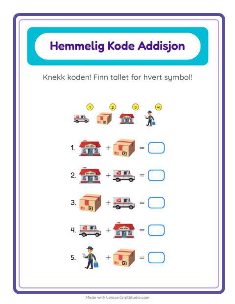 Forhåndsvisning av Kodeaddisjon-arbeidsark med Postkontor for Barnehage (5-7 år)