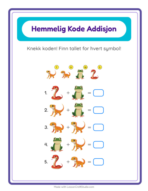 Forhåndsvisning av Kodeaddisjon-arbeidsark med Reptiler og amfibier for Barnehage (5-7 år)