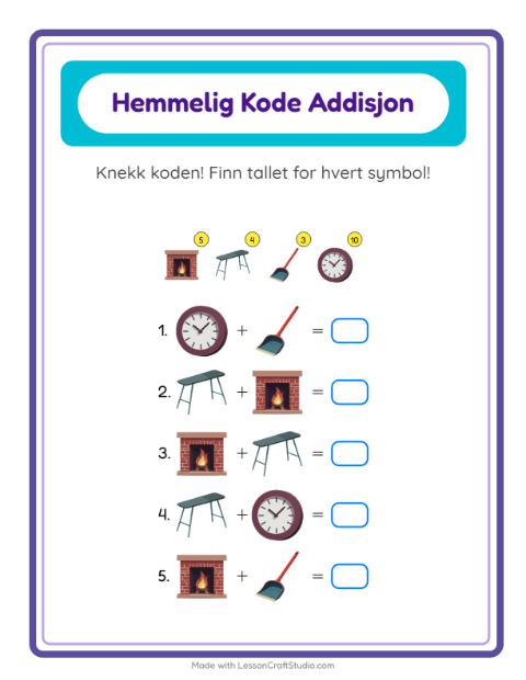 Forhåndsvisning av Kodeaddisjon-arbeidsark med Rundt i huset for Barnehage (5-7 år)