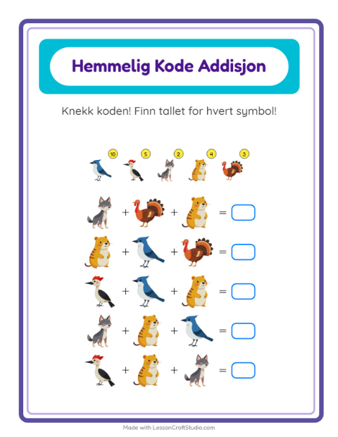 Forhåndsvisning av Kodeaddisjon-arbeidsark med Skogsdyr for Barnehage (5-7 år)