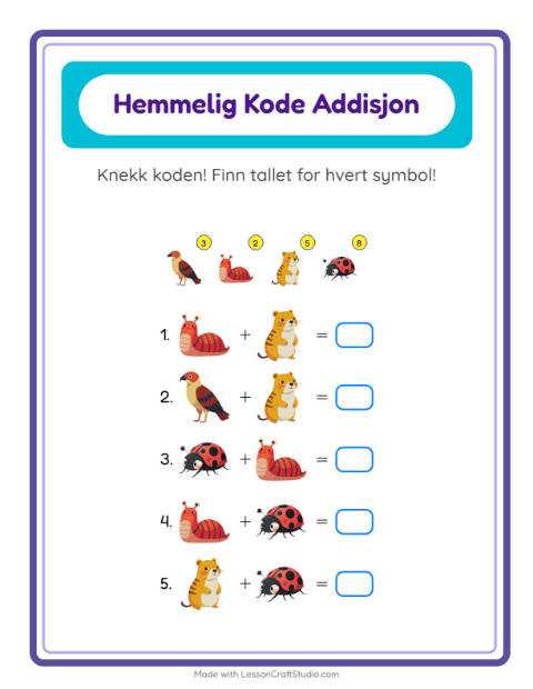 Forhåndsvisning av Kodeaddisjon-arbeidsark med Skogsdyr for Barnehage (5-7 år)